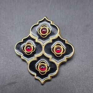 Signed V & A Victoria and Albert Brooch Black Red Enamel Gothic